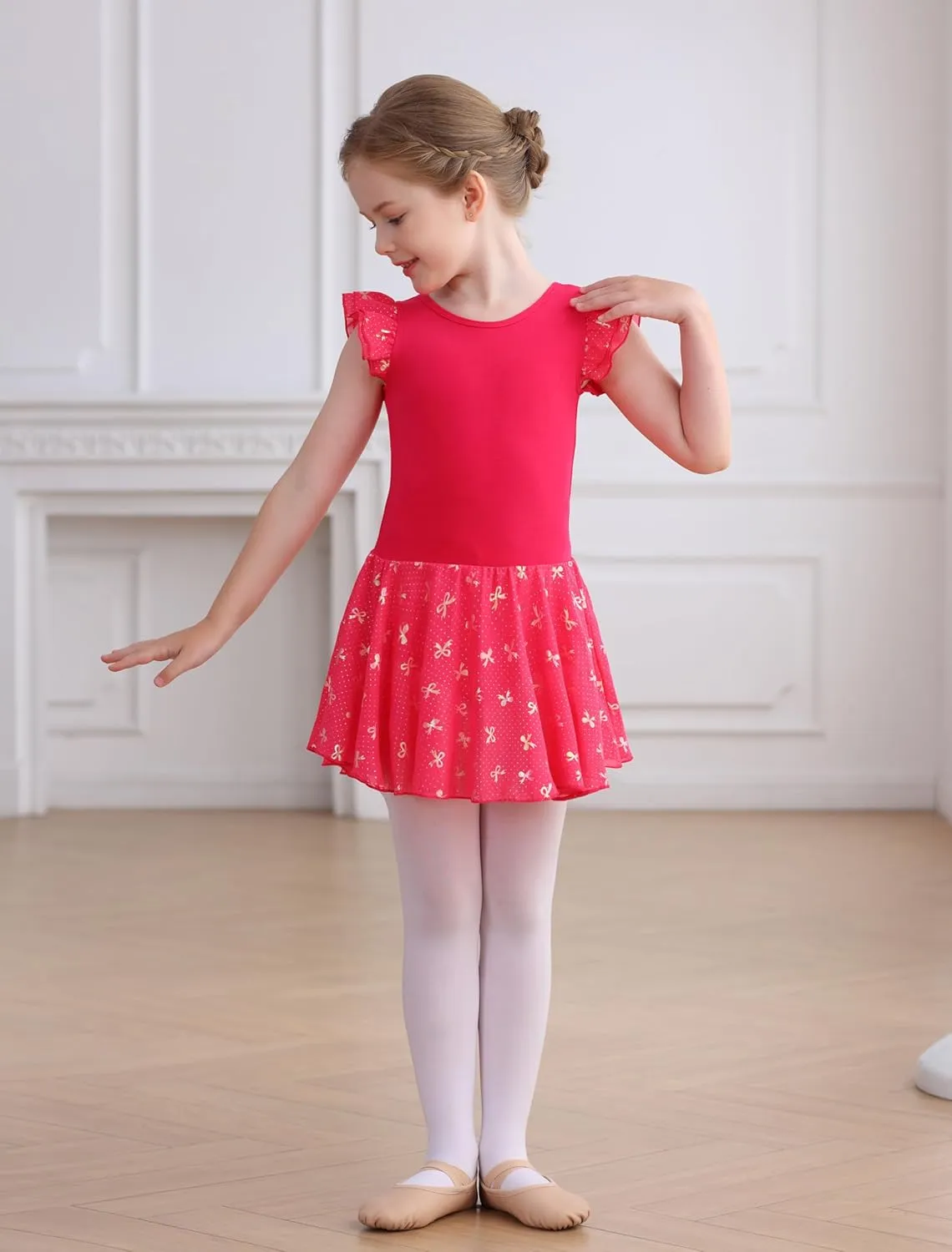 MdnMd Girls Ballet Toddler Dance Leotards Soft Ballerina Outfit Butterfly Skirt Hollow Back Ruffle Sleeve Dresses