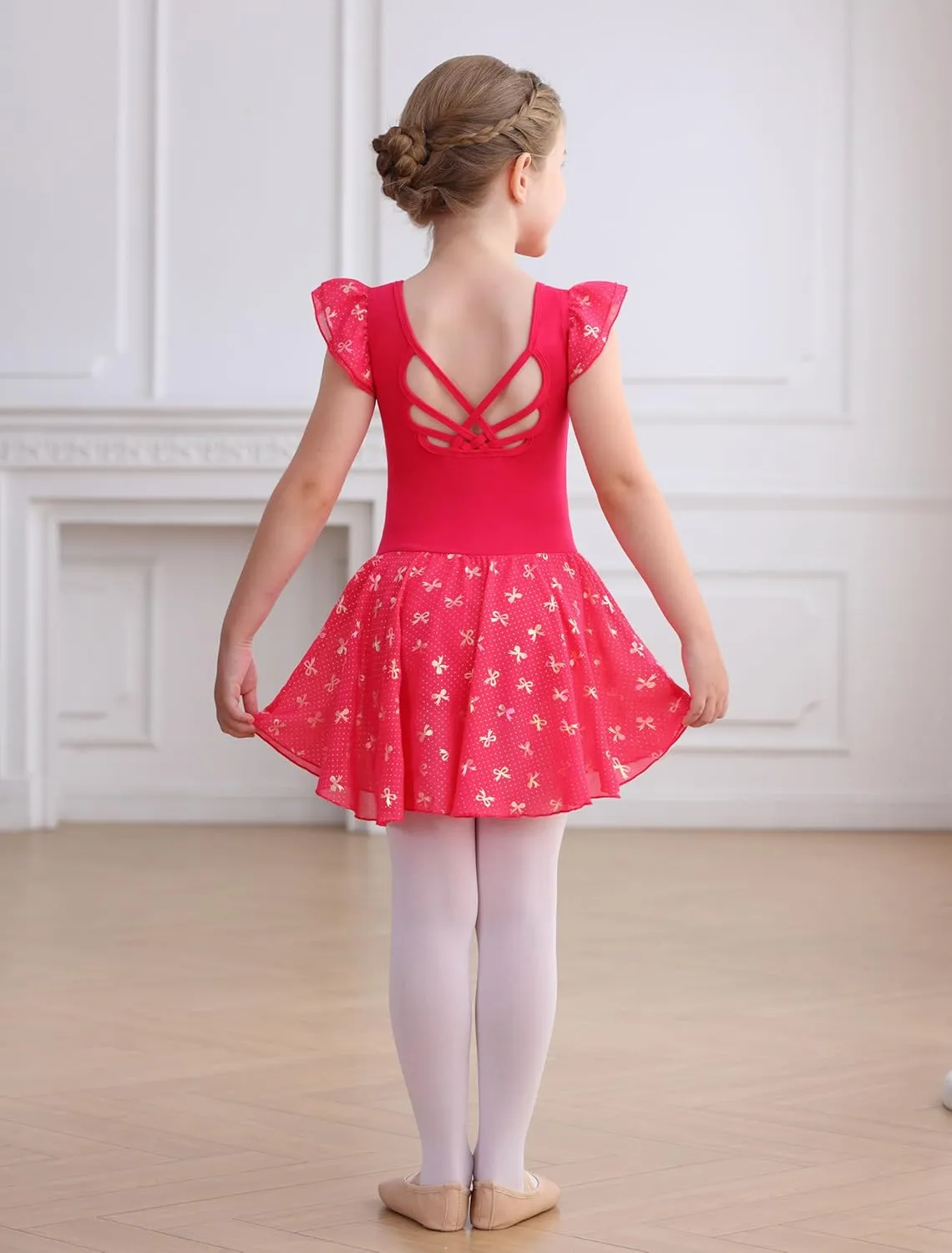 MdnMd Girls Ballet Toddler Dance Leotards Soft Ballerina Outfit Butterfly Skirt Hollow Back Ruffle Sleeve Dresses