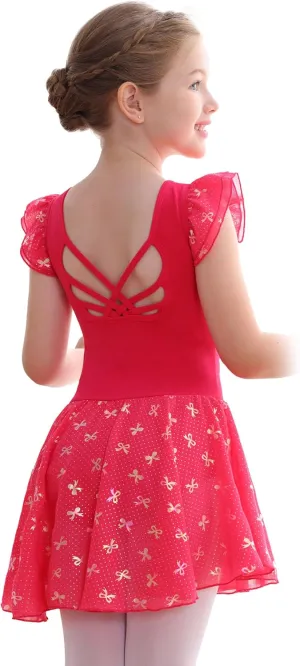 MdnMd Girls Ballet Toddler Dance Leotards Soft Ballerina Outfit Butterfly Skirt Hollow Back Ruffle Sleeve Dresses