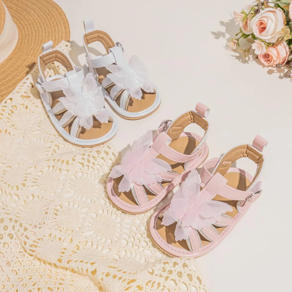 Meckior Baby Toddler Infant Girls PU Leather Soft Open Toe Summer Sandals Flower Princess Flat Shoes