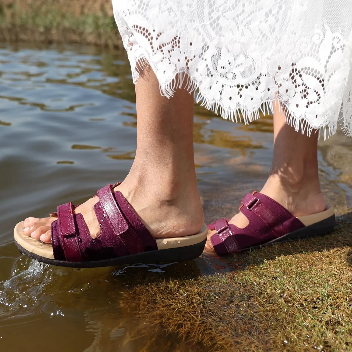 MEGNYA Women Comfortable Walking Sandals with Arch Support, Plantar Fasciitis Slides for Flat Feet Relieve, Orthopedic Sandals with Adjustable Straps
