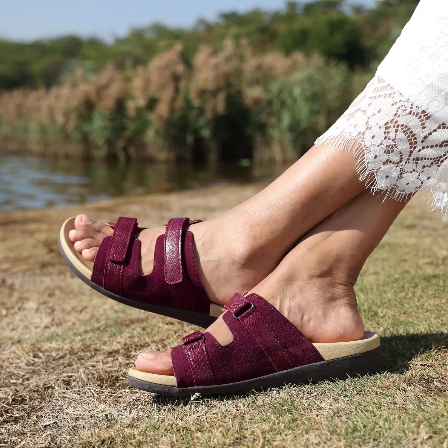 MEGNYA Women Comfortable Walking Sandals with Arch Support, Plantar Fasciitis Slides for Flat Feet Relieve, Orthopedic Sandals with Adjustable Straps