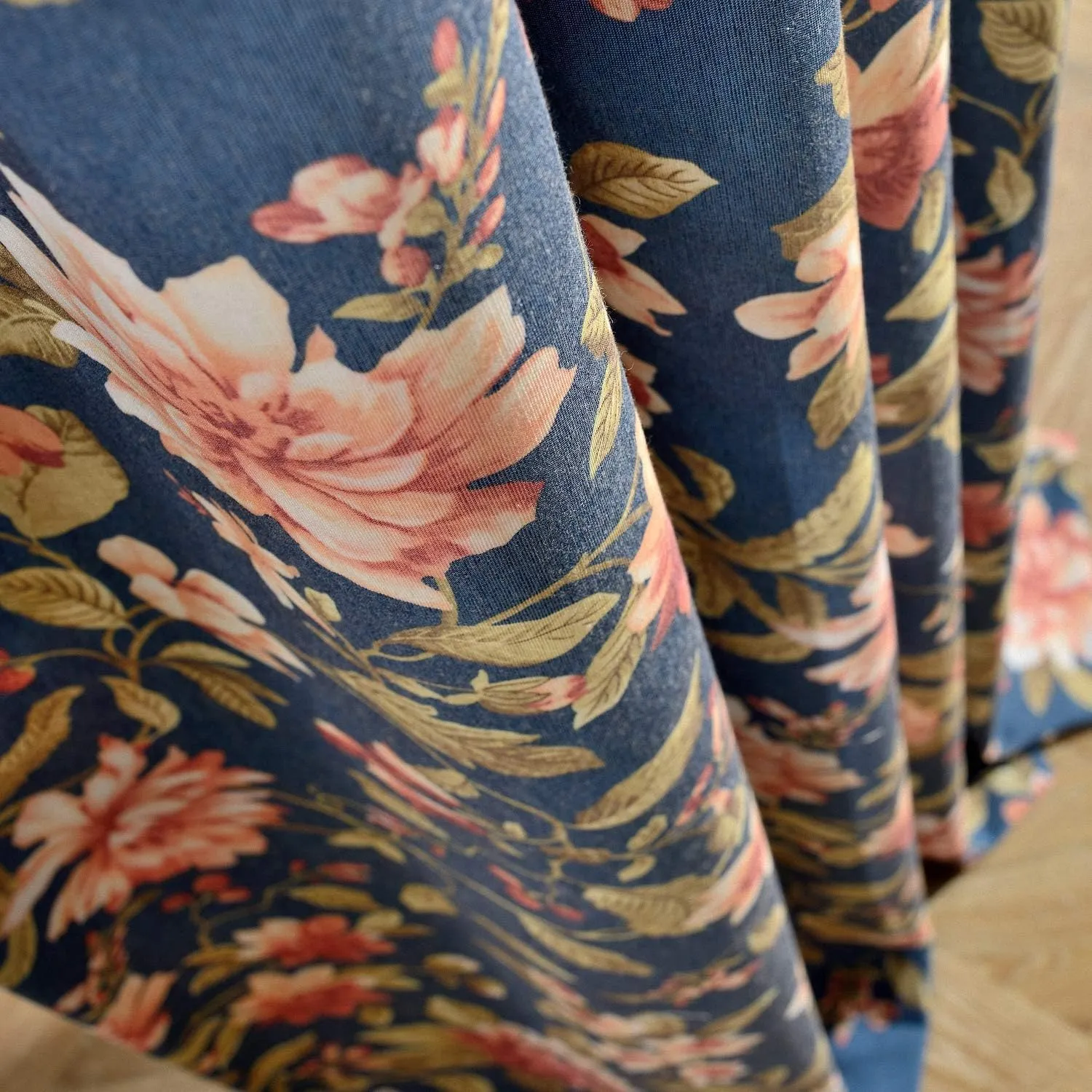 Melodieux Blooming Flower Print Vintage Style Room Darkening Grommet Curtain Drapes for Living Room Bedroom Dining Room, 52 by 84 Inch, Navy (2 Panels)