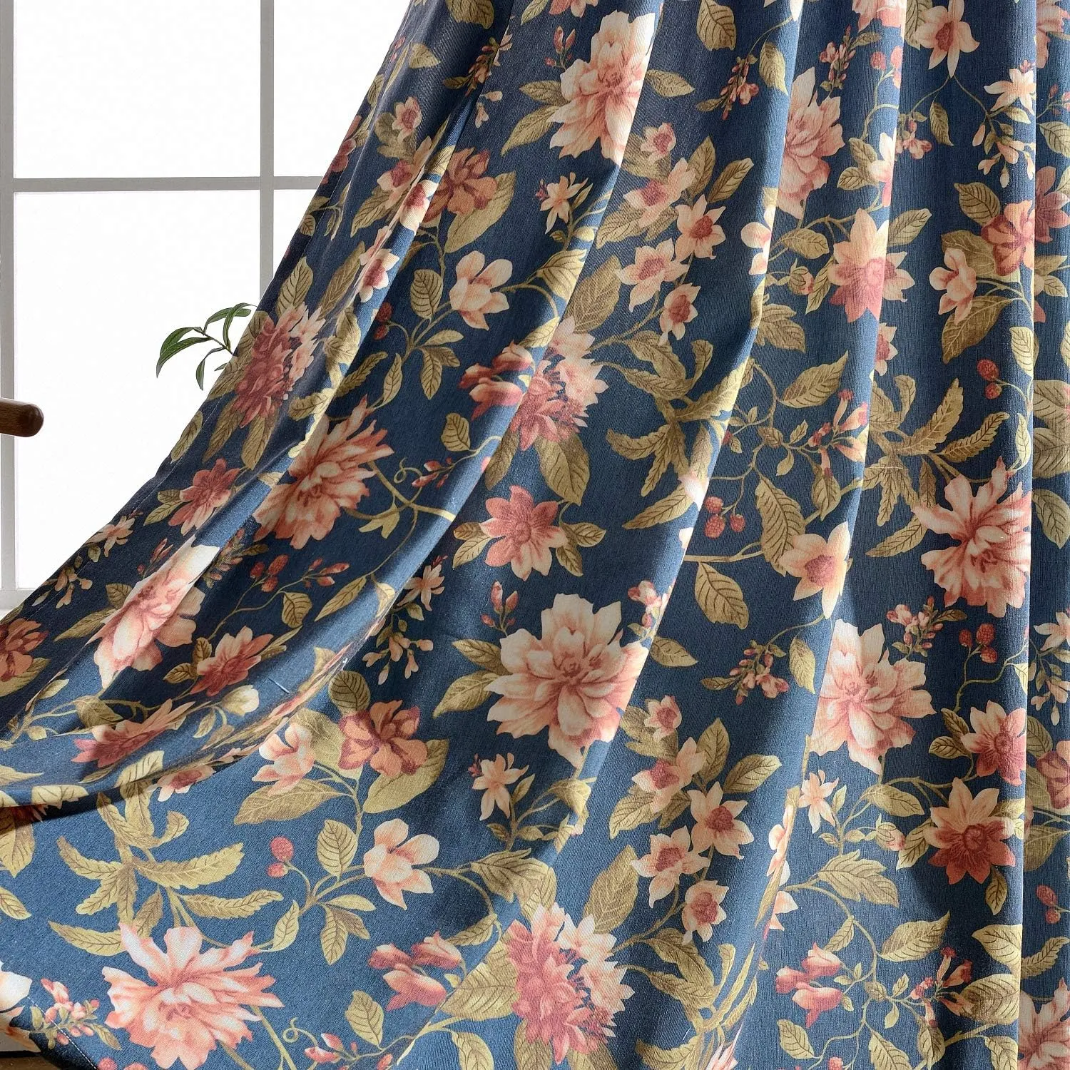 Melodieux Blooming Flower Print Vintage Style Room Darkening Grommet Curtain Drapes for Living Room Bedroom Dining Room, 52 by 84 Inch, Navy (2 Panels)