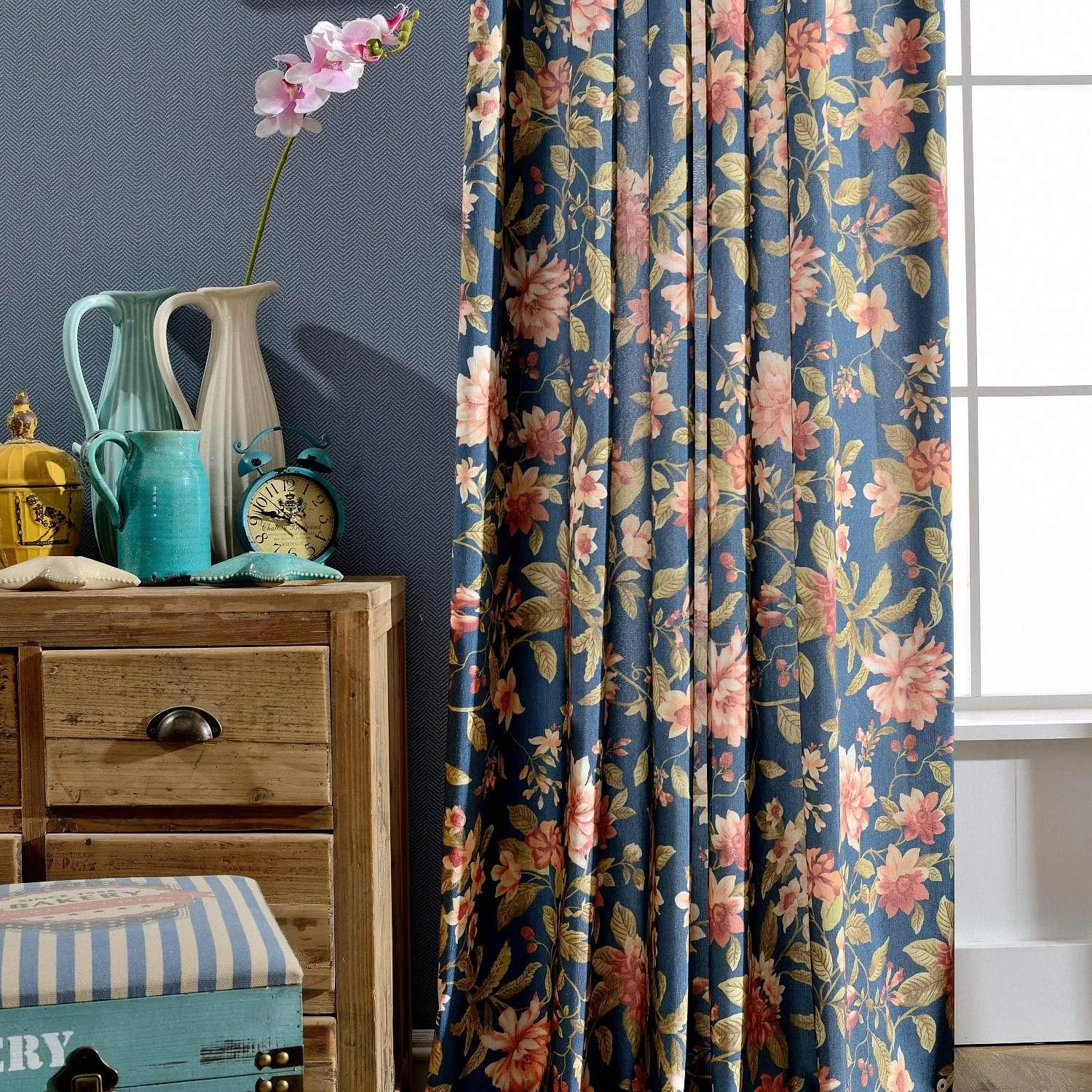 Melodieux Blooming Flower Print Vintage Style Room Darkening Grommet Curtain Drapes for Living Room Bedroom Dining Room, 52 by 84 Inch, Navy (2 Panels)