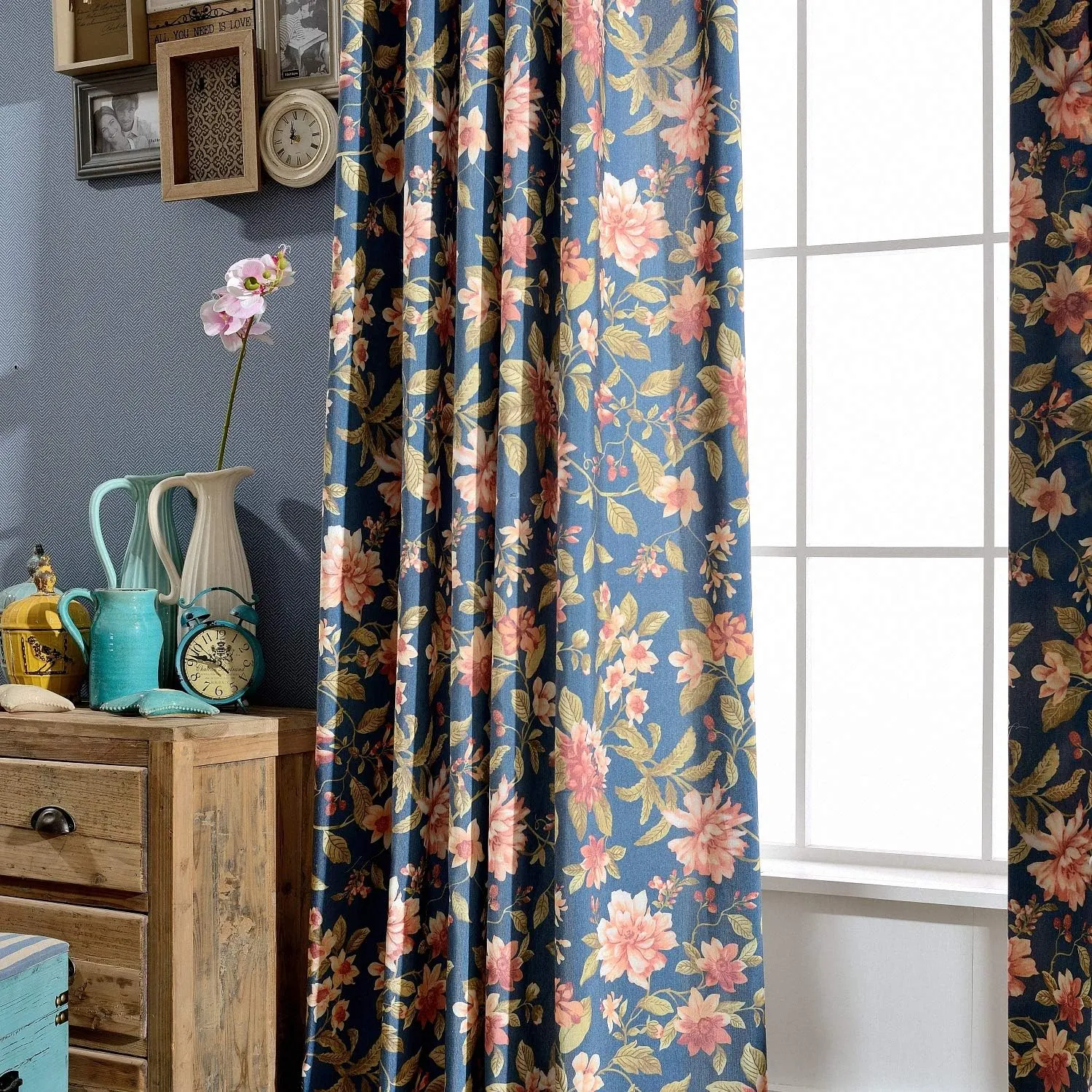 Melodieux Blooming Flower Print Vintage Style Room Darkening Grommet Curtain Drapes for Living Room Bedroom Dining Room, 52 by 84 Inch, Navy (2 Panels)