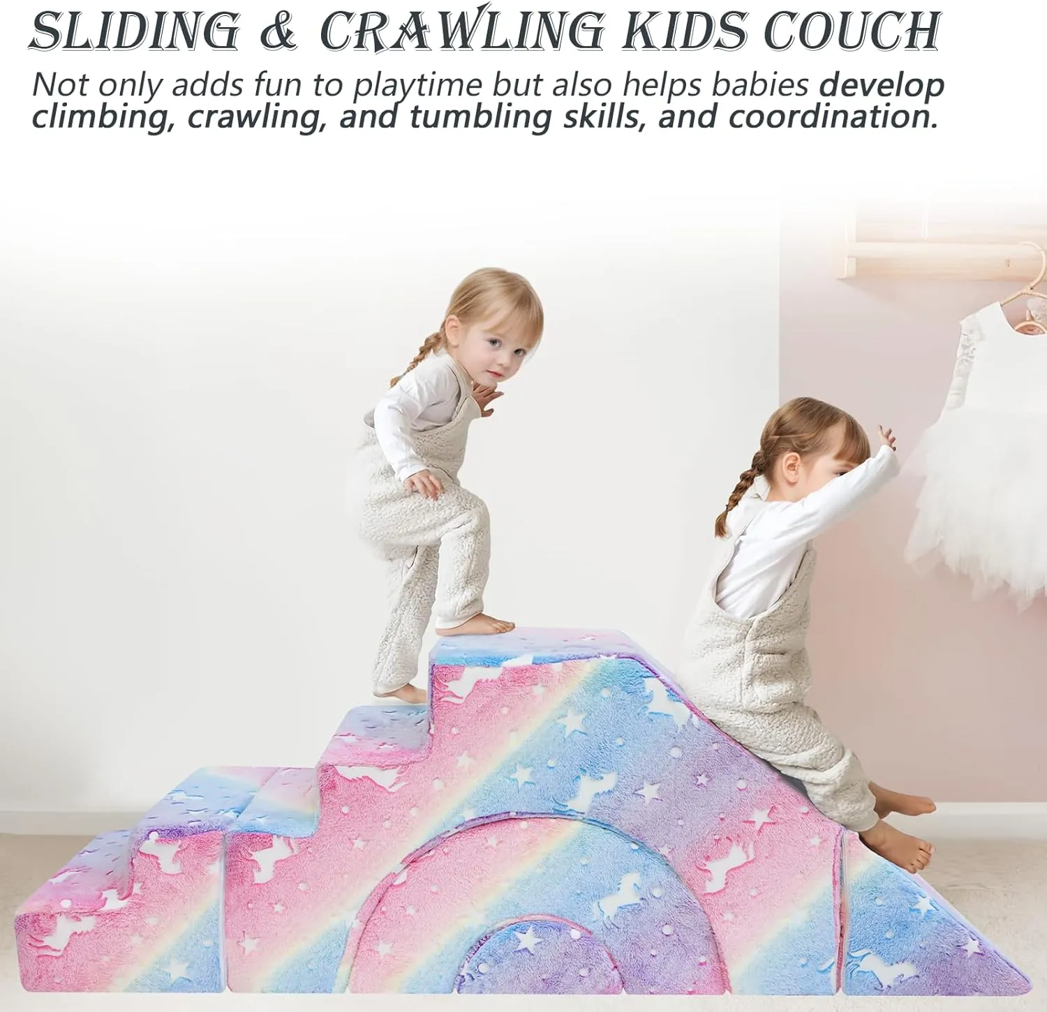 MeMoreCool Foam Climbing Toddler Couch, Modular Kids Sofa with Slide & Stair, Convertible Baby Couch for Playroom, Sectional Furniture for Crawling, Climbing, and Kids’ Play