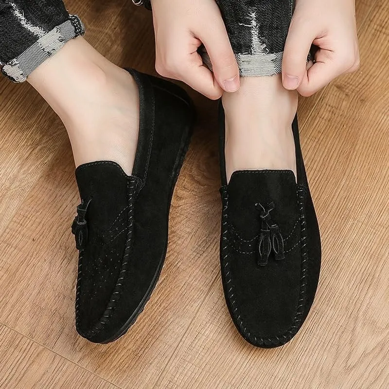 Men Loafers Suede Vamp Wedding Vintage Round Toe Party Heel Non Slip Anti-Slip Low Top Rubber Sole Shoe Slip-on