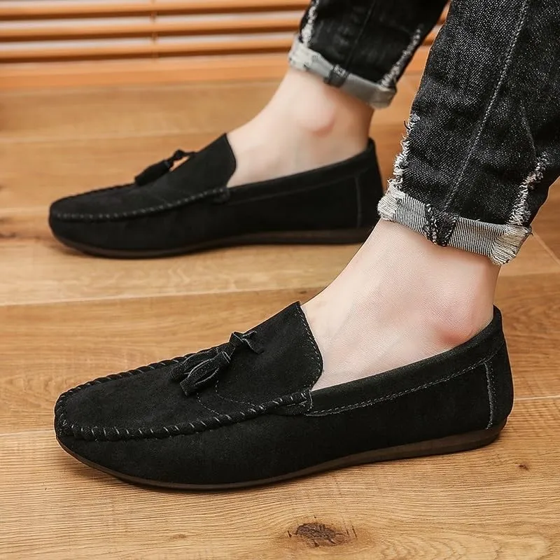 Men Loafers Suede Vamp Wedding Vintage Round Toe Party Heel Non Slip Anti-Slip Low Top Rubber Sole Shoe Slip-on