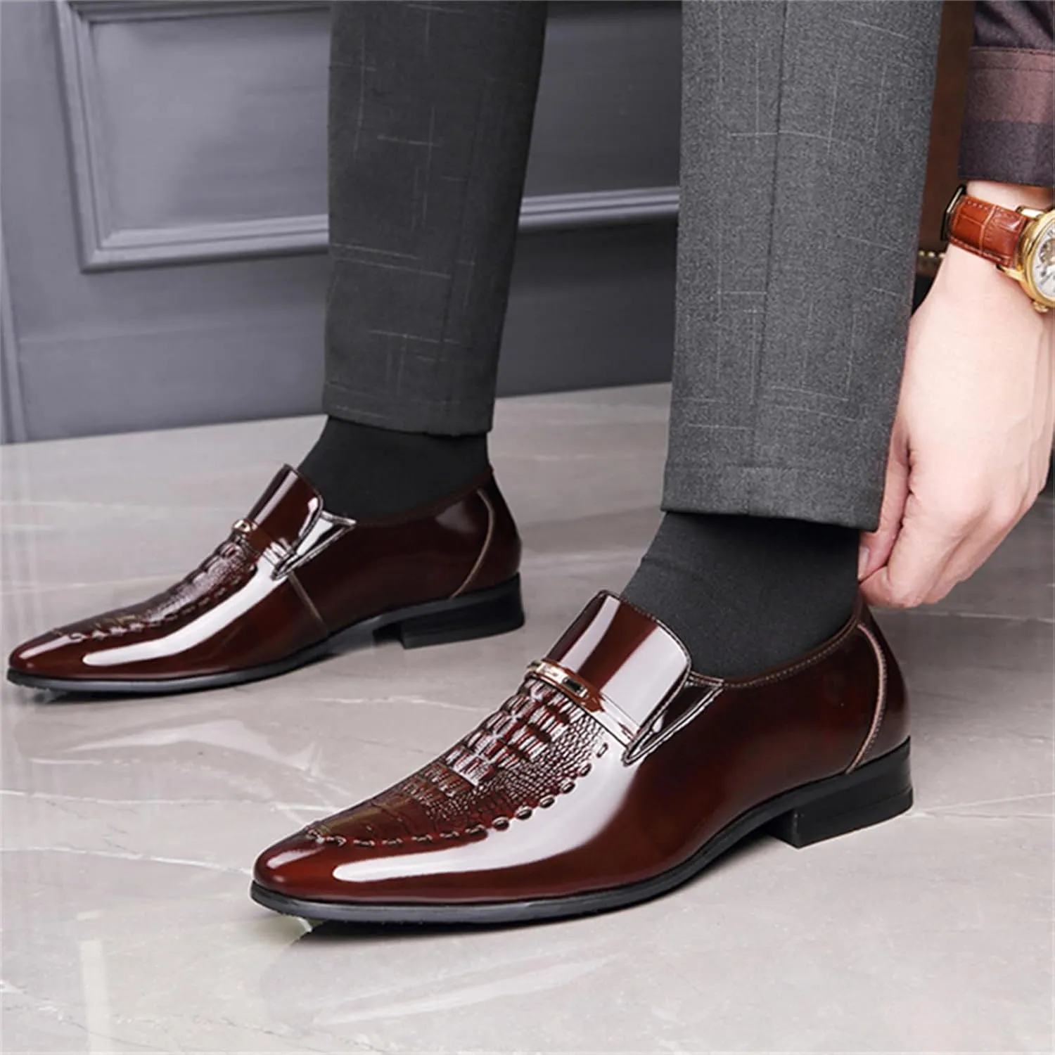 Men Wedding Tuxedo Shoes Crocodile Printed Formal Oxfords Shoes Pointed Toe Slip-on Patent Leather Dress Shoes