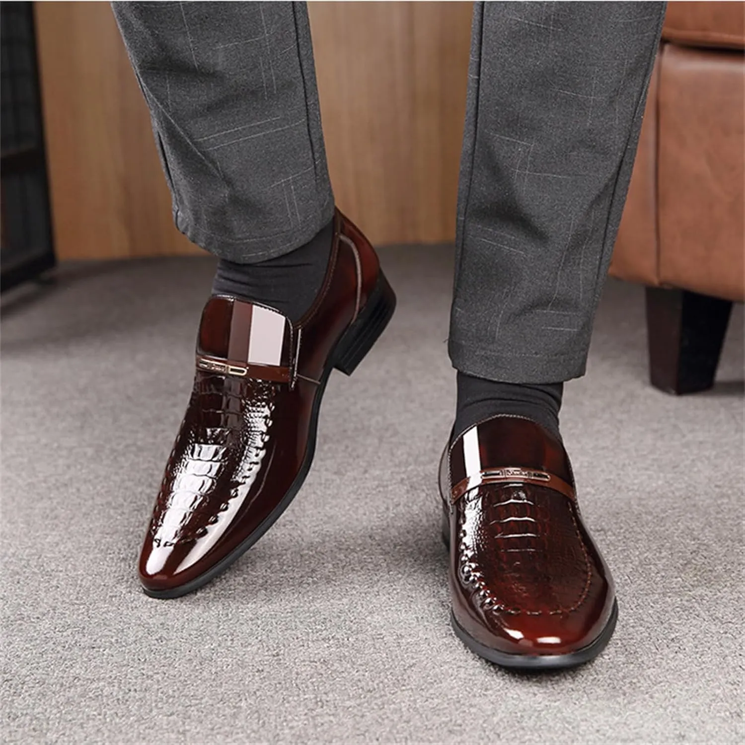 Men Wedding Tuxedo Shoes Crocodile Printed Formal Oxfords Shoes Pointed Toe Slip-on Patent Leather Dress Shoes