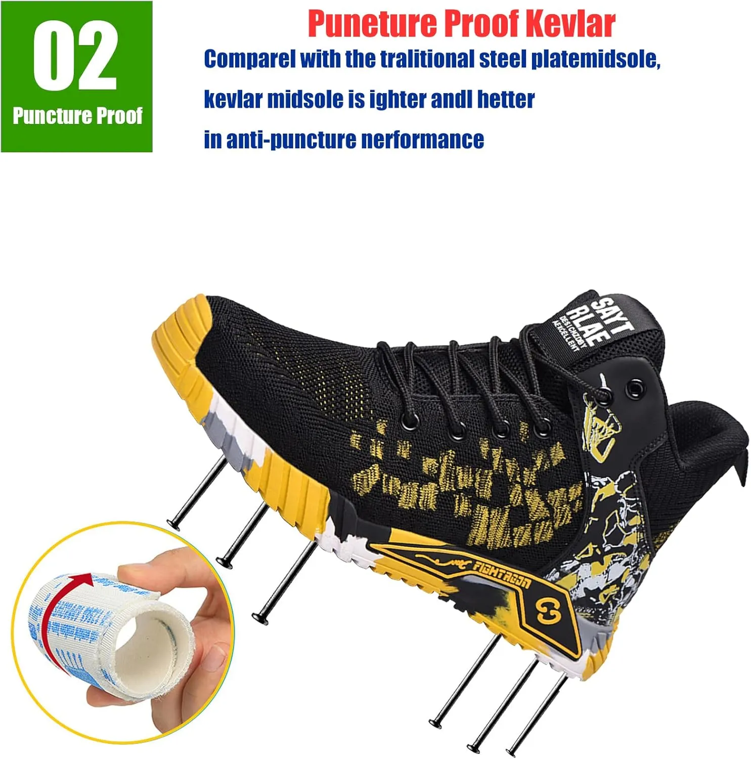 Men Women Indestructible Work Shoes，Lightweight Safety Shoes Slip Resistant Work Sneaker Breathable Puncture Proof Shoes，
