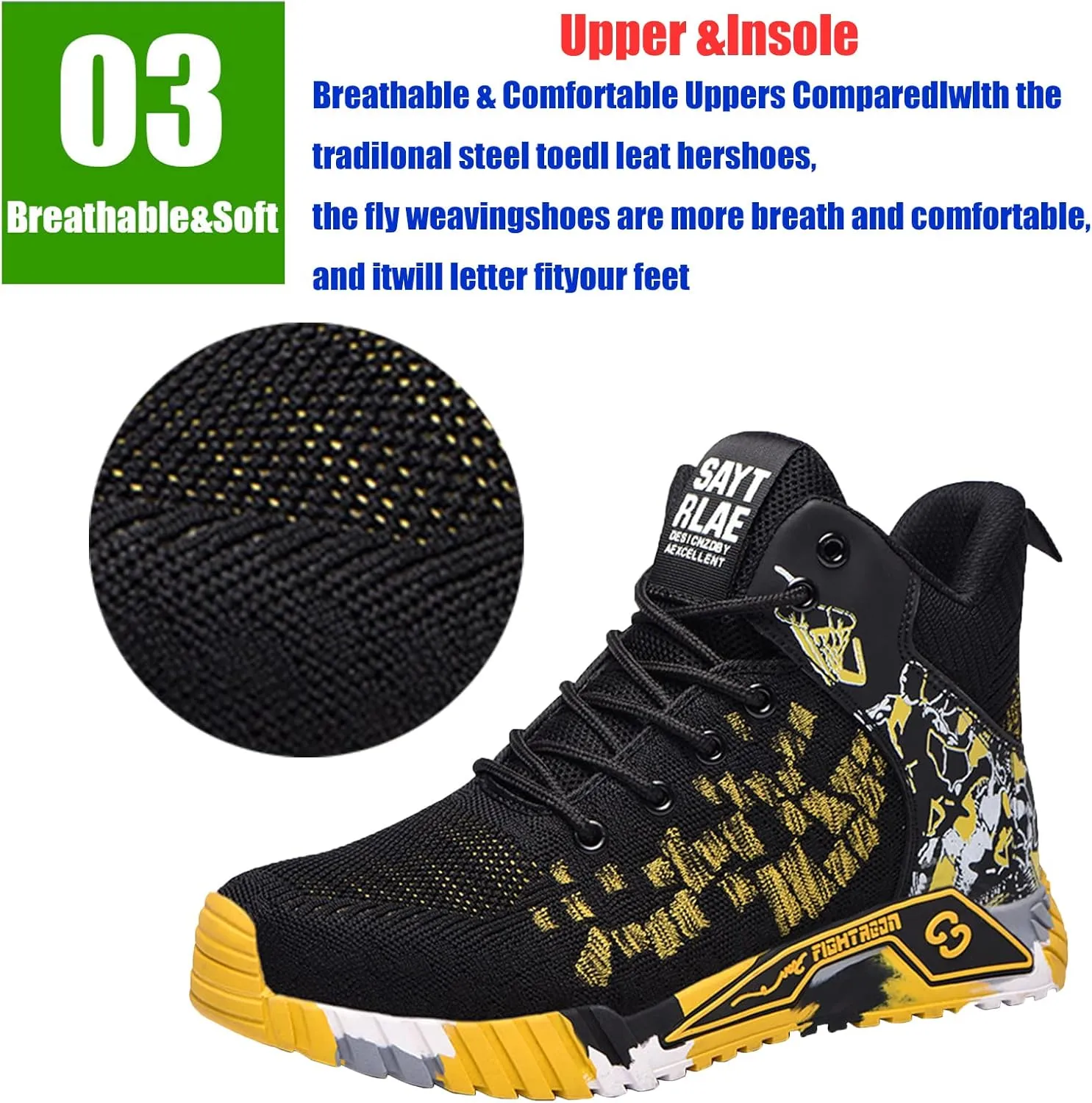 Men Women Indestructible Work Shoes，Lightweight Safety Shoes Slip Resistant Work Sneaker Breathable Puncture Proof Shoes，