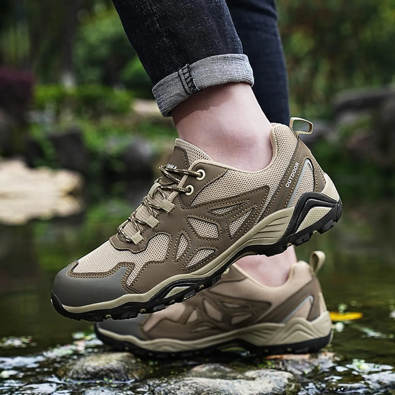 Men's All-Terrain Waterproof Hiking Shoes Lightweight Breathable Slip On Trekking Climbing Shoes Non Slip Outdoor Sneakers All Day Walking Work Comfortable Sole Sneaker for Men