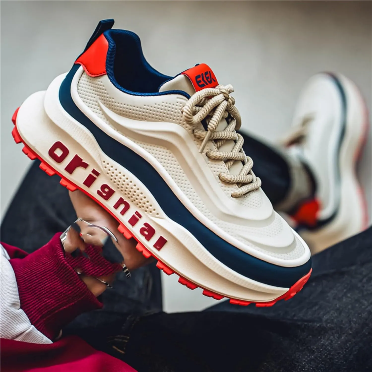 Mens Breathable Leather Lace Up Platform Sneakers Fashion Casual Non-Slip Shock Absorbing Heighten Walking Workout Dad Shoes
