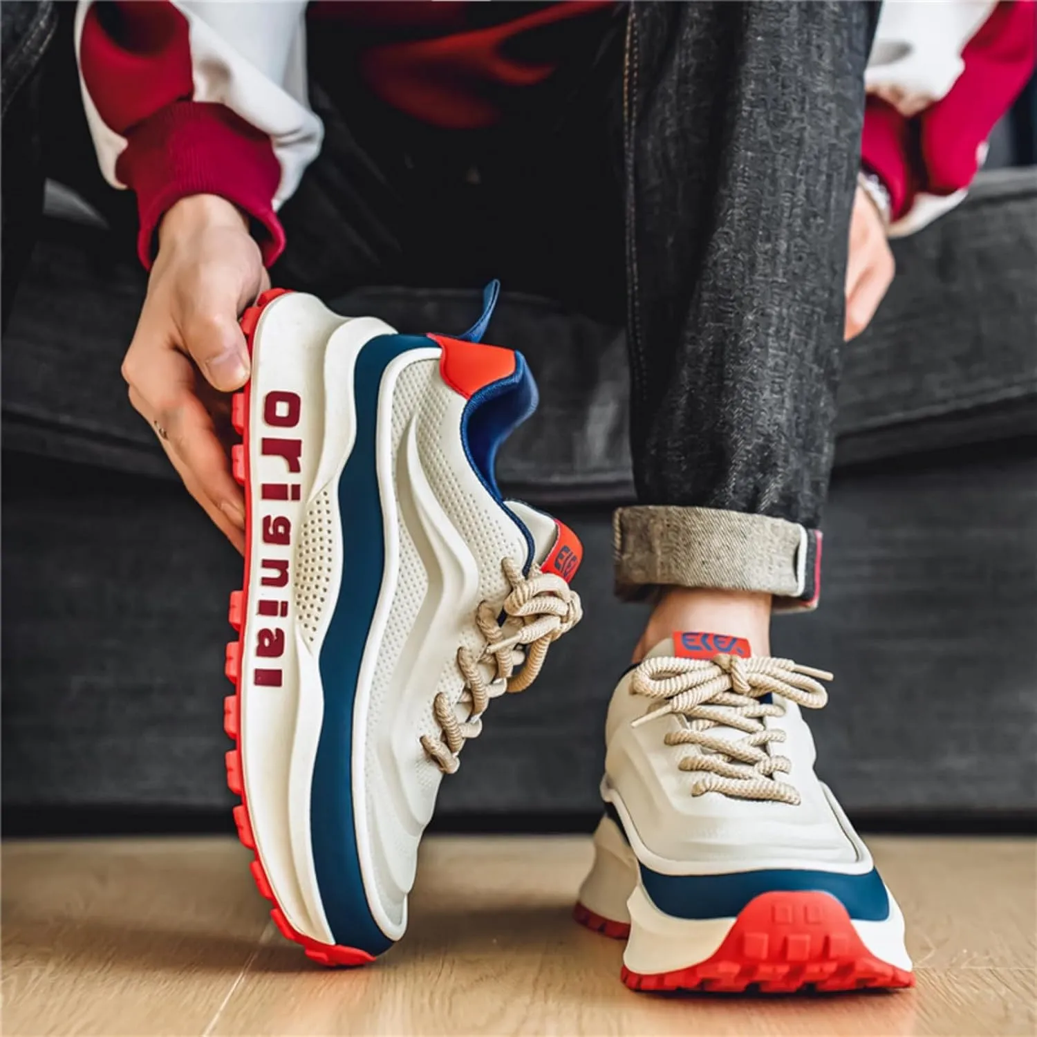 Mens Breathable Leather Lace Up Platform Sneakers Fashion Casual Non-Slip Shock Absorbing Heighten Walking Workout Dad Shoes