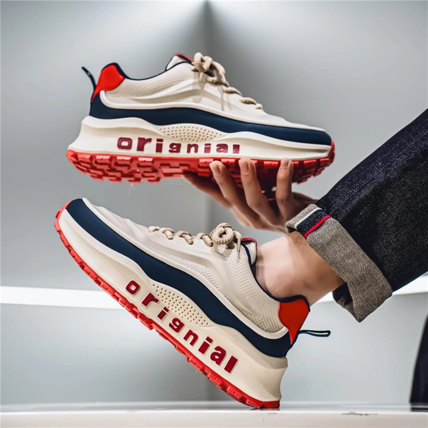Mens Breathable Leather Lace Up Platform Sneakers Fashion Casual Non-Slip Shock Absorbing Heighten Walking Workout Dad Shoes