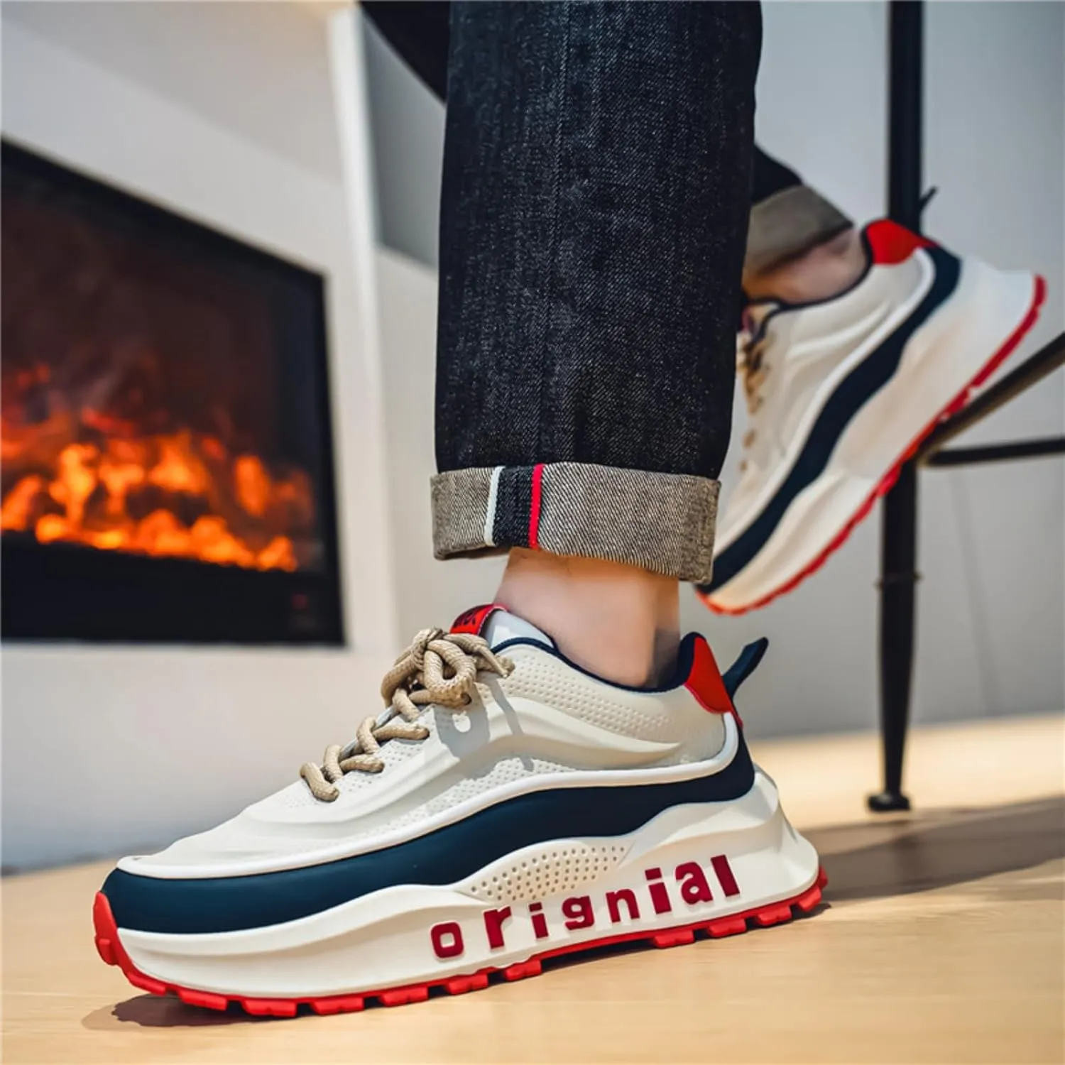 Mens Breathable Leather Lace Up Platform Sneakers Fashion Casual Non-Slip Shock Absorbing Heighten Walking Workout Dad Shoes