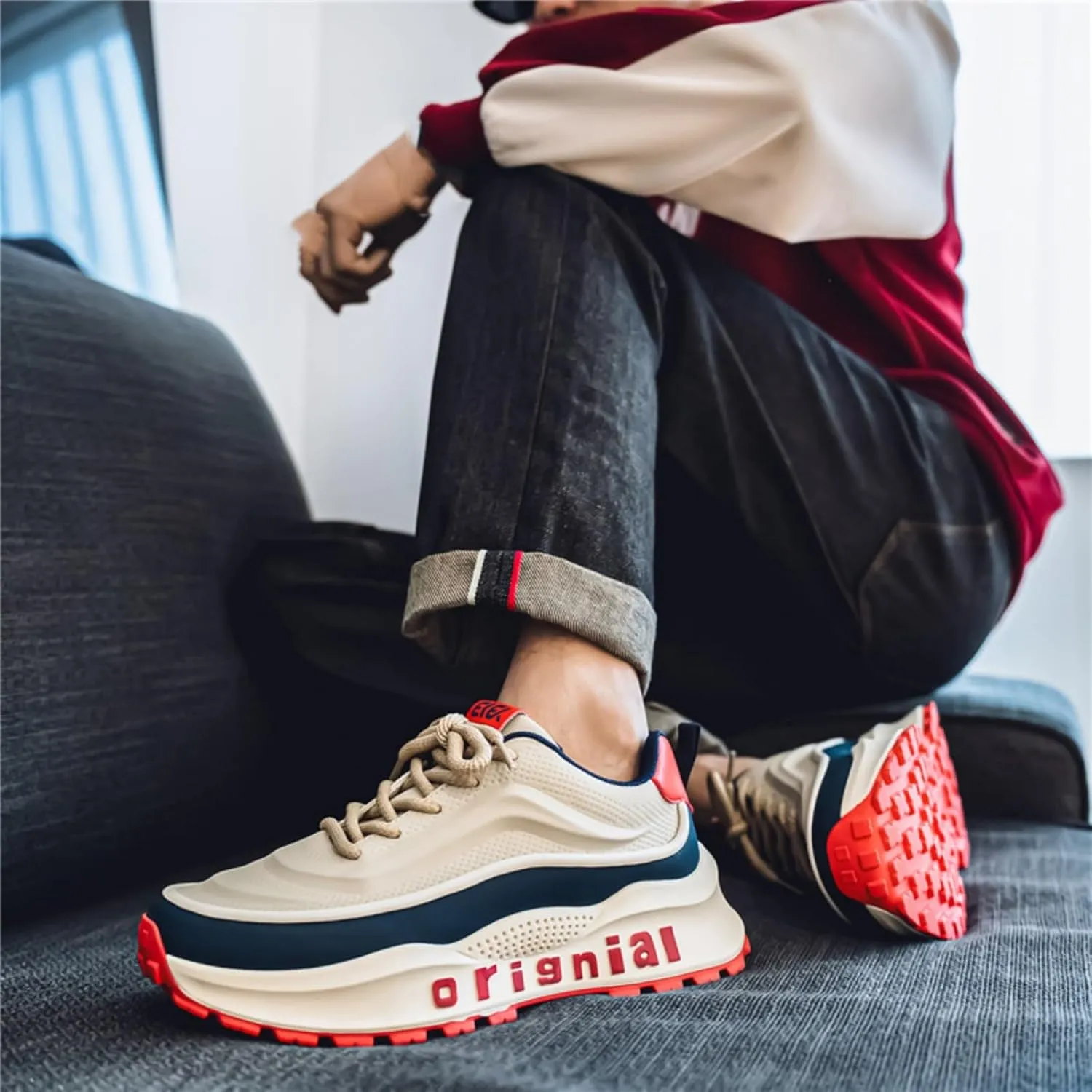 Mens Breathable Leather Lace Up Platform Sneakers Fashion Casual Non-Slip Shock Absorbing Heighten Walking Workout Dad Shoes