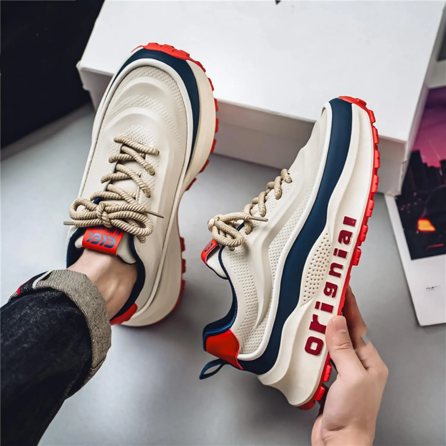 Mens Breathable Leather Lace Up Platform Sneakers Fashion Casual Non-Slip Shock Absorbing Heighten Walking Workout Dad Shoes