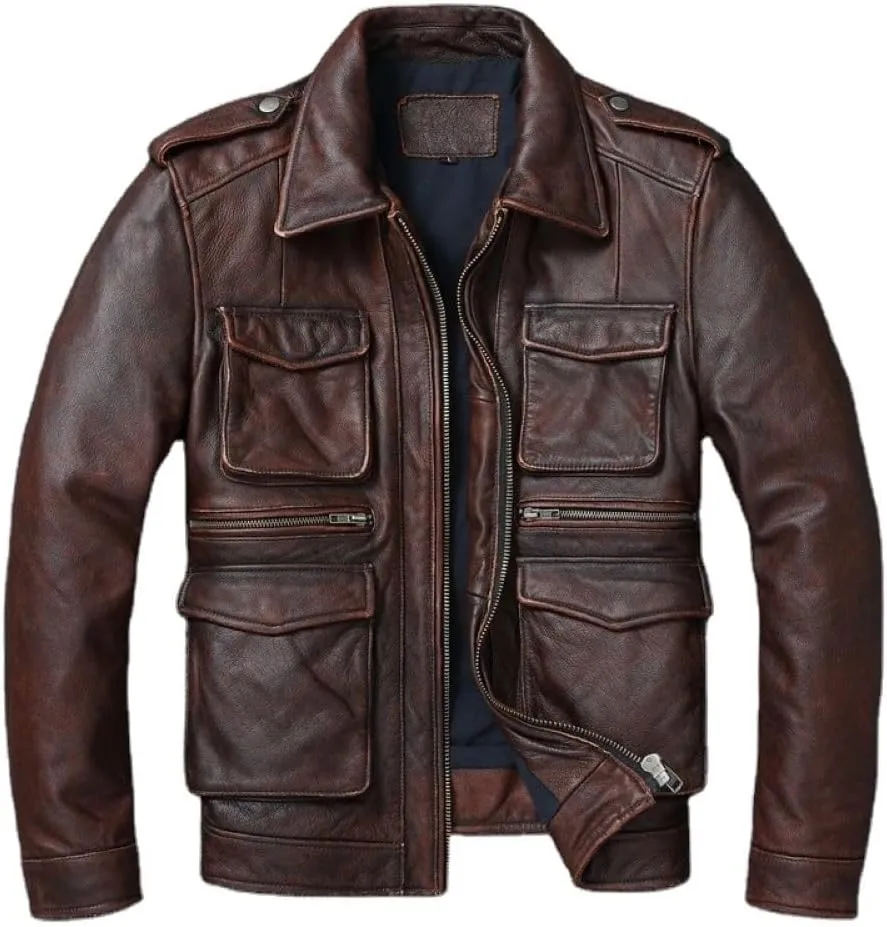 Men's Classic Vintage Brown Genuine Leather Jacket with Multi-Chest Flat & Zipper and Utility Pockets