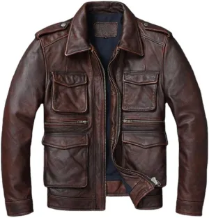 Men's Classic Vintage Brown Genuine Leather Jacket with Multi-Chest Flat & Zipper and Utility Pockets