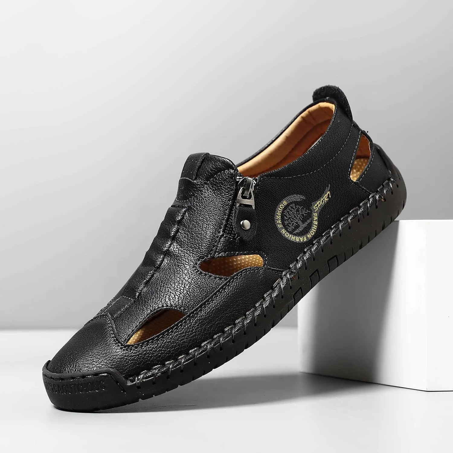 Men's Closed-Toe Leather Fisherman Sandals Slip-On |Side Zipper Hand-Sewn | Breathable Comfortable Casual Moccasin Loafers for Summer Outdoor Driving & Walking