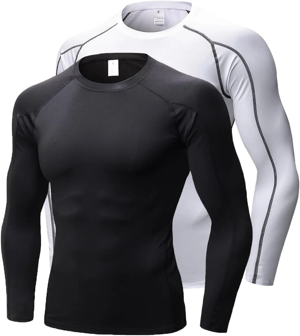 Men's Compression Shirts Long Sleeve Workout Baselayer Quick Dry Athletic T Shirts Sport Running Tops 1/2 Pack