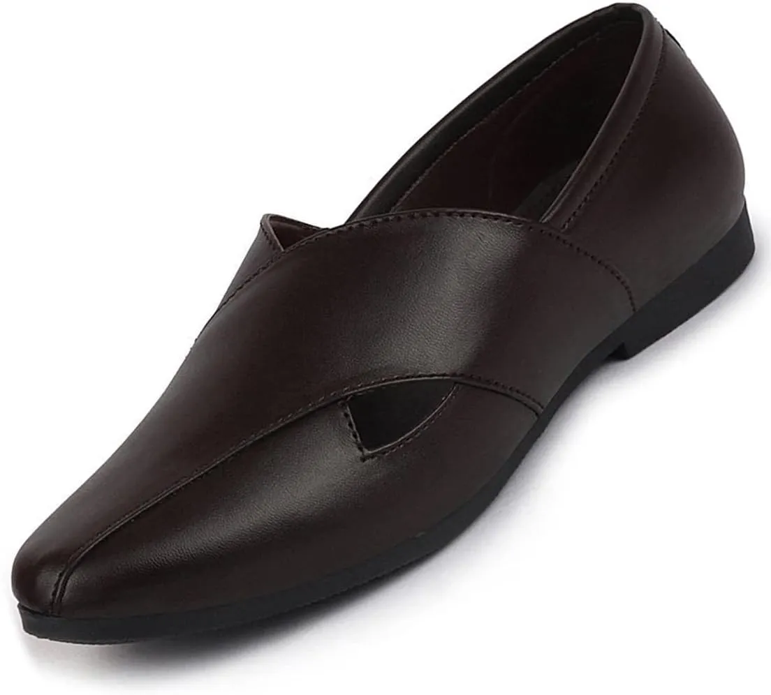 Men's Ethnic Criss Cross Slip On Juttis and Mojaris for Wedding|Party|Occasions|Fashion|Stylish|Outdoor|Indoor|Lightweight|Shoes with Anti Skid Sole (6-12 UK), Brown, 10 UK