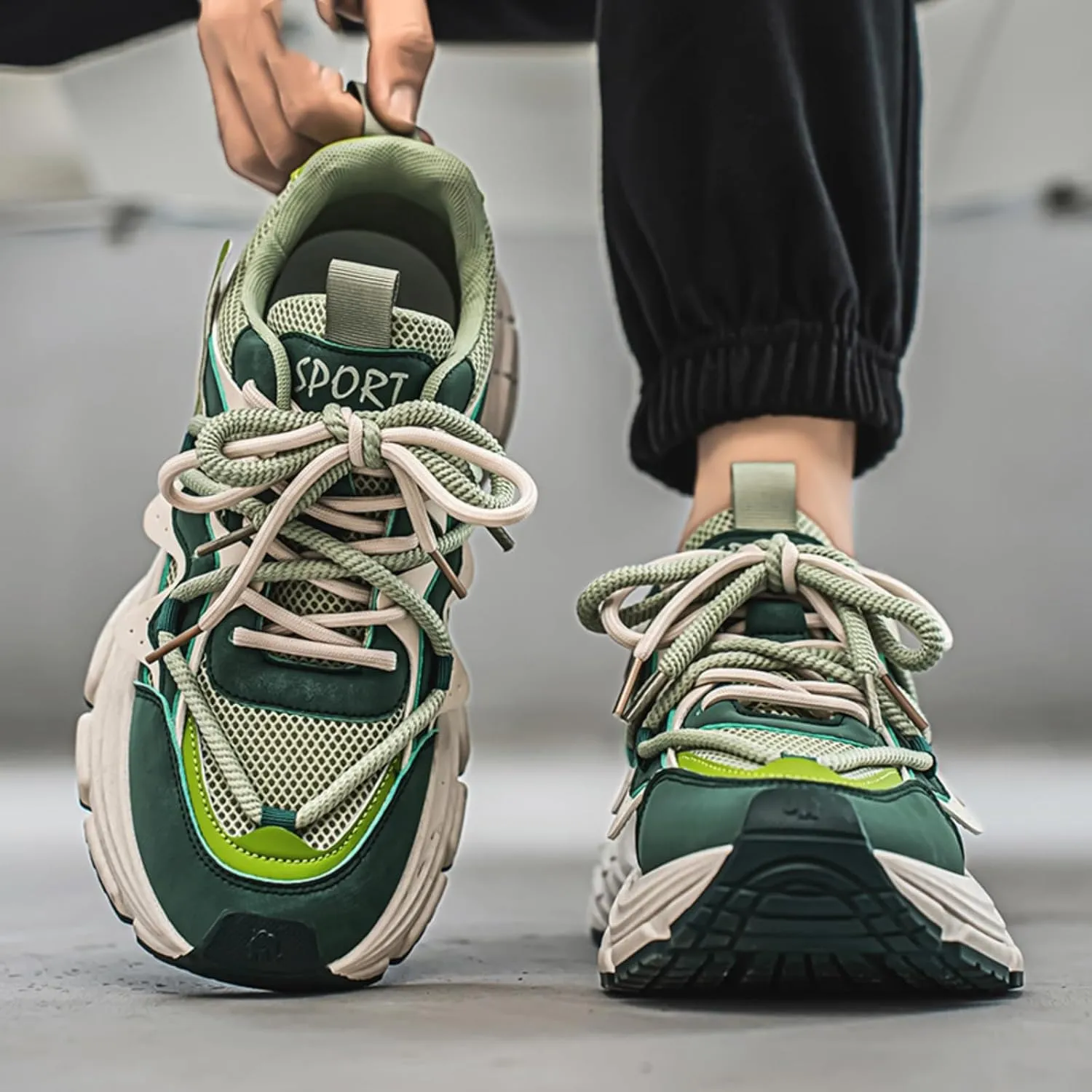Men's Fashion Lace-Up Chunky Sneakers Lightweight Non Slip Platform Walking Running Driving Casual Sport Shoes