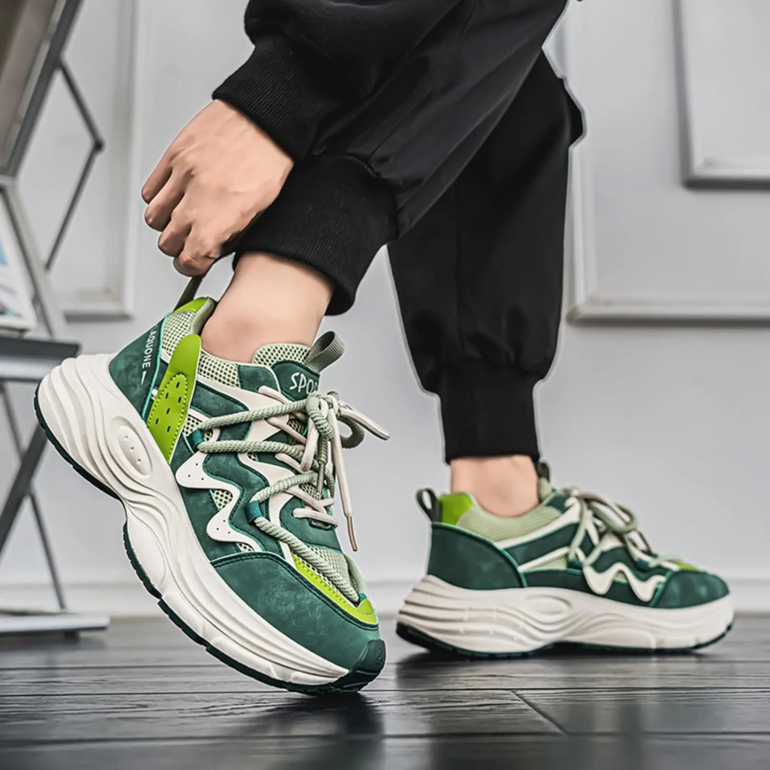 Men's Fashion Lace-Up Chunky Sneakers Lightweight Non Slip Platform Walking Running Driving Casual Sport Shoes