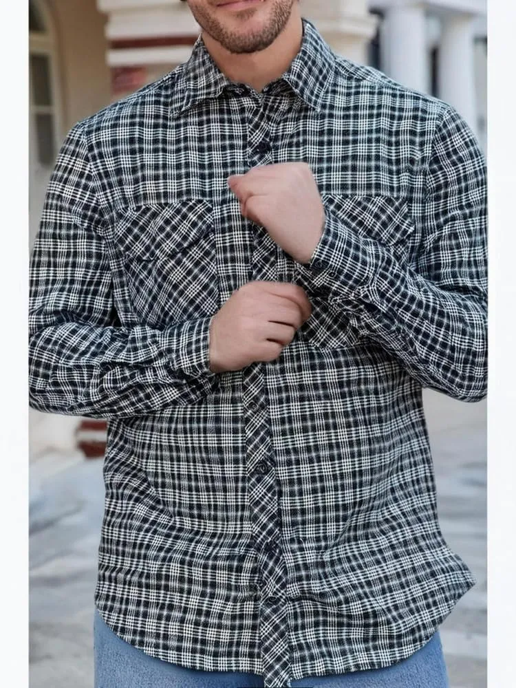 Men's Flannel Shirt Long Sleeve Buttoned Vintage Soft Plaid with Pockets