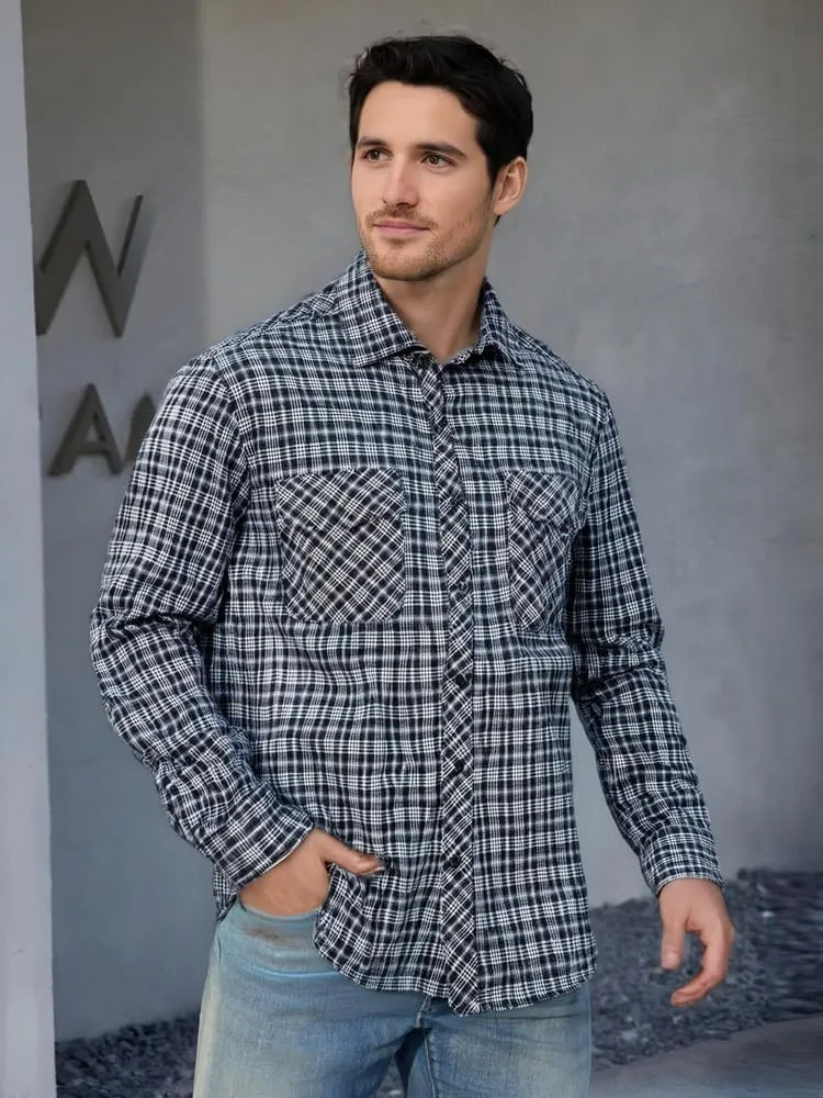 Men's Flannel Shirt Long Sleeve Buttoned Vintage Soft Plaid with Pockets