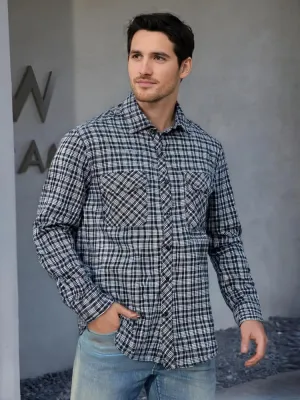 Men's Flannel Shirt Long Sleeve Buttoned Vintage Soft Plaid with Pockets