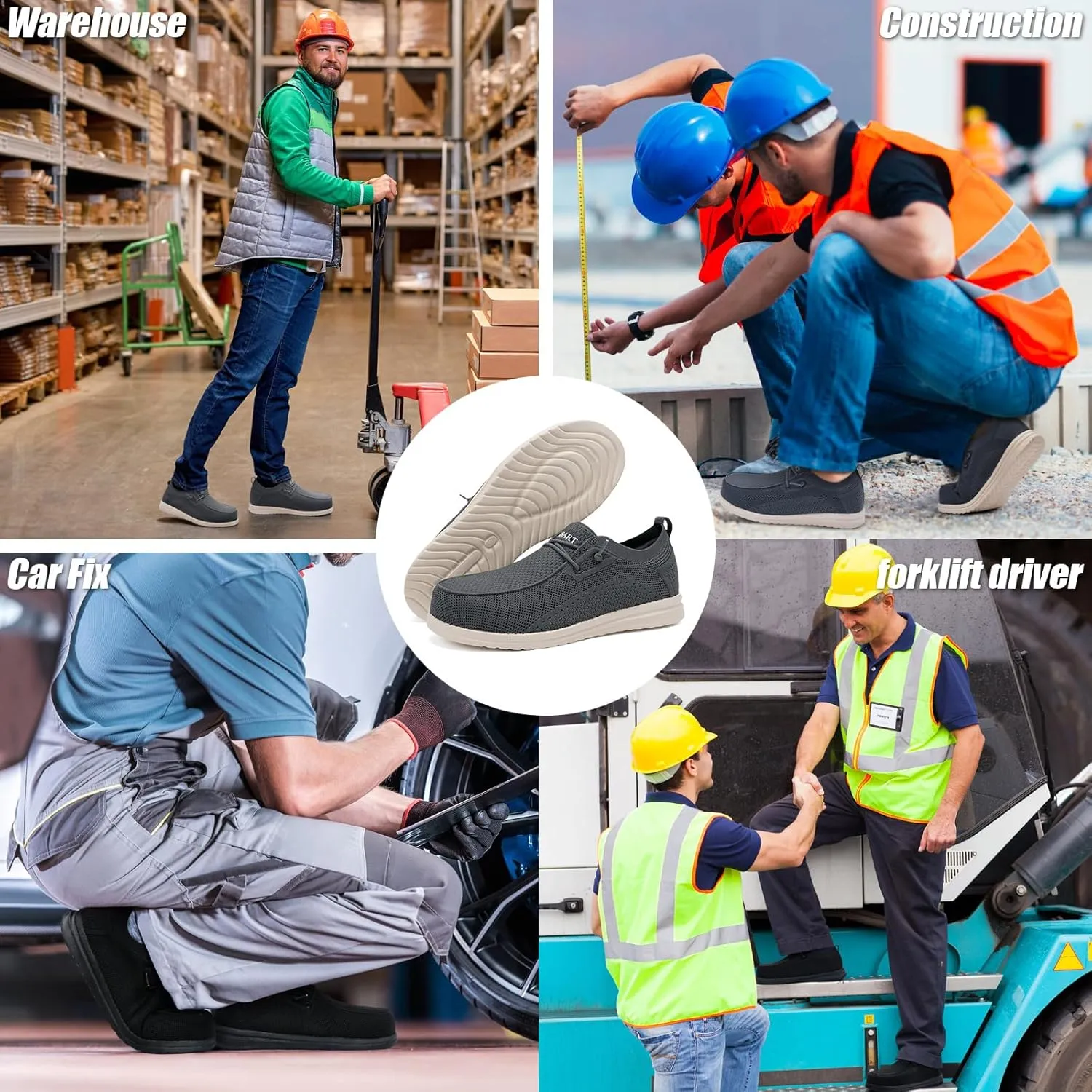 Men's Grey Steel Toe Loafers, Work Safety Shoes, Slip-On, Comfortable, Non-Slip, Breathable, Lightweight