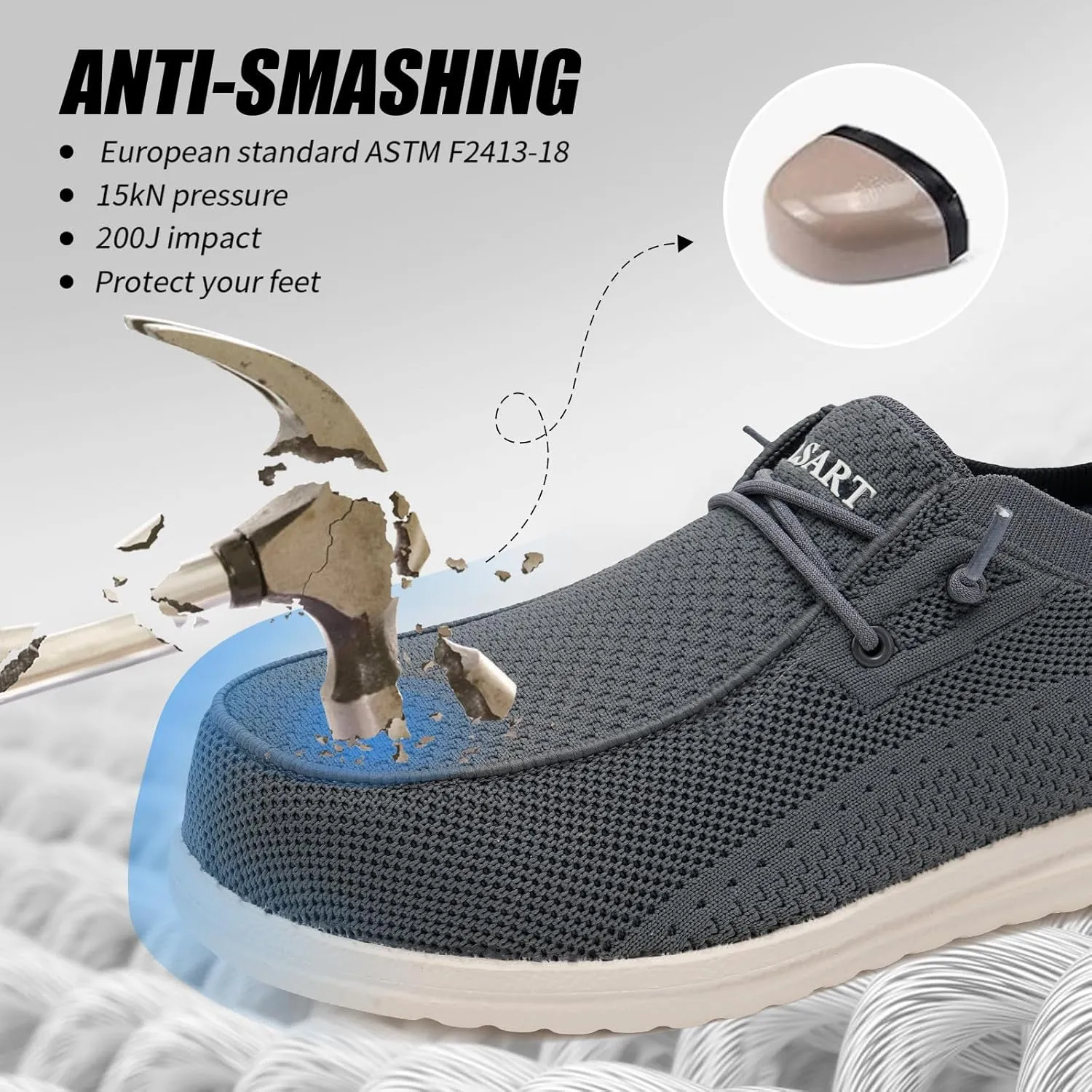 Men's Grey Steel Toe Loafers, Work Safety Shoes, Slip-On, Comfortable, Non-Slip, Breathable, Lightweight