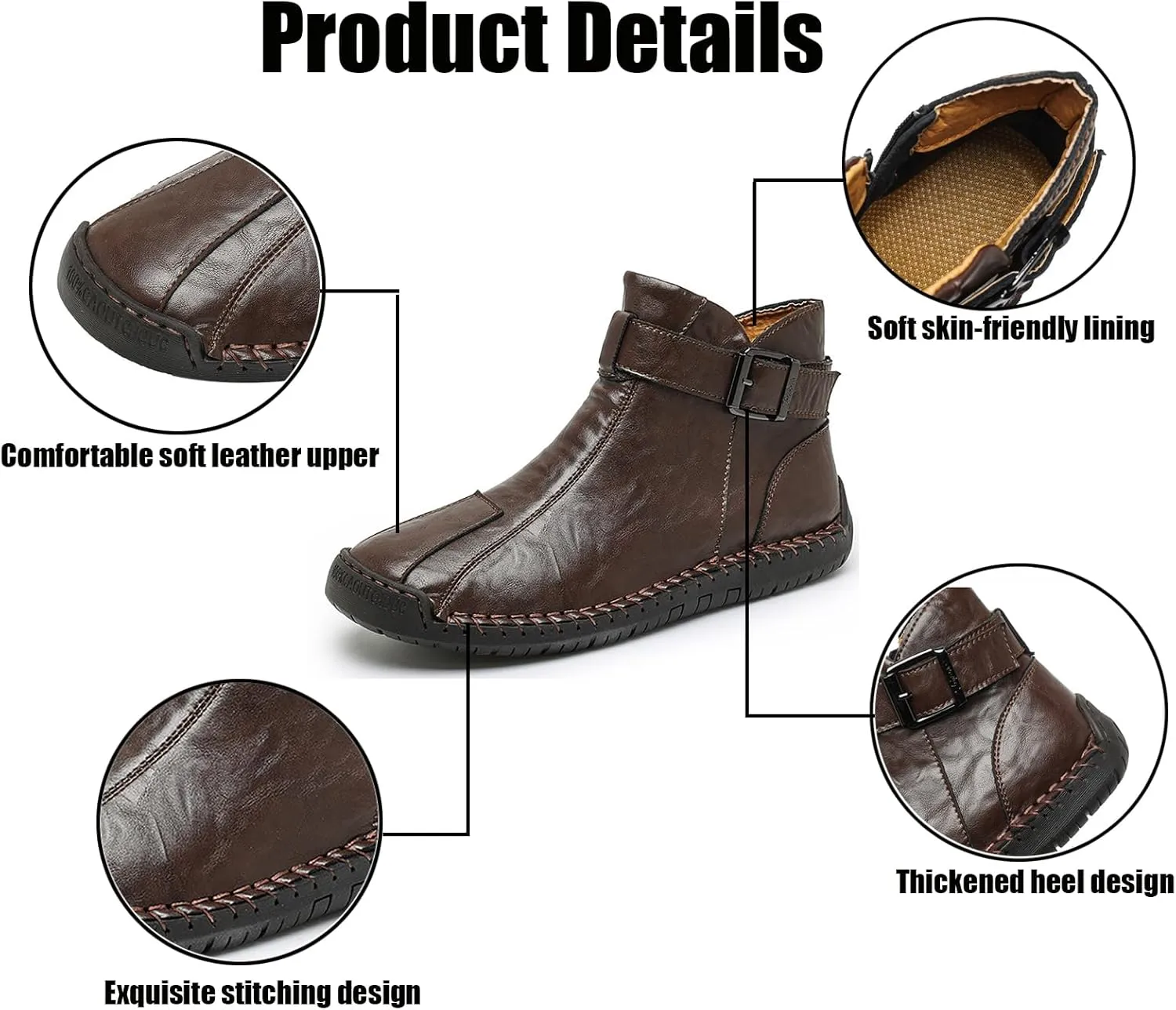 Men's Hand Stitching Side Zipper Chukka Boots Adjustable Buckle Outdoor Slip On Comfortable Mid Top Ankle Boots Lightweight Walking Driving Motorcycle Booties