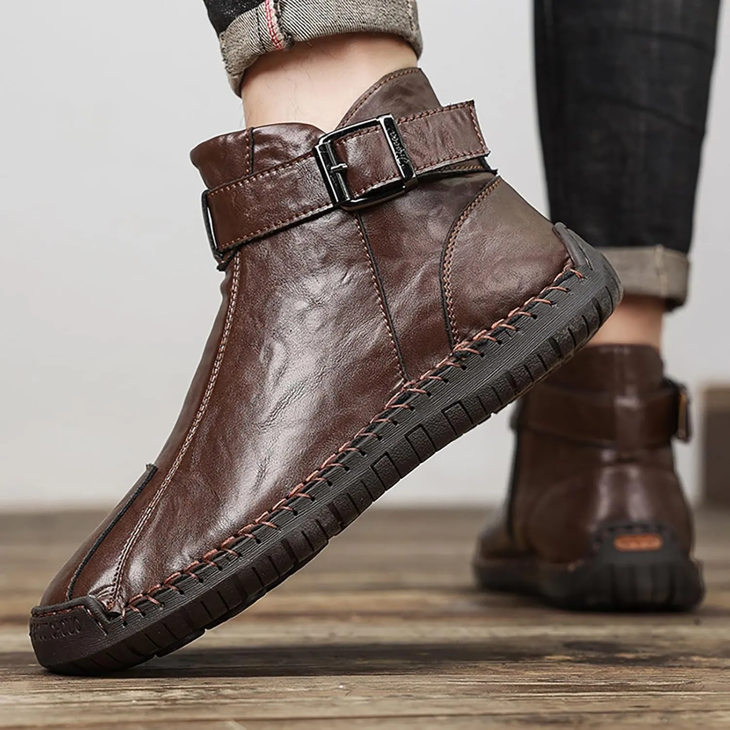 Men's Hand Stitching Side Zipper Chukka Boots Adjustable Buckle Outdoor Slip On Comfortable Mid Top Ankle Boots Lightweight Walking Driving Motorcycle Booties