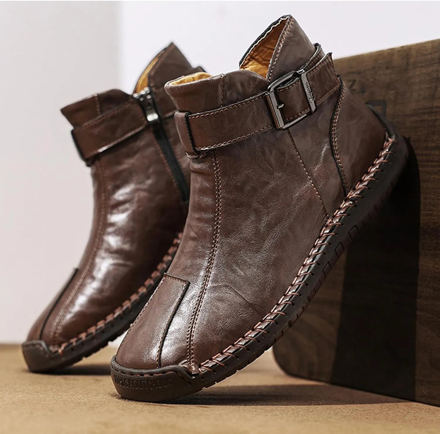 Men's Hand Stitching Side Zipper Chukka Boots Adjustable Buckle Outdoor Slip On Comfortable Mid Top Ankle Boots Lightweight Walking Driving Motorcycle Booties