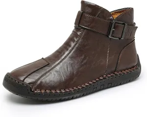 Men's Hand Stitching Side Zipper Chukka Boots Adjustable Buckle Outdoor Slip On Comfortable Mid Top Ankle Boots Lightweight Walking Driving Motorcycle Booties
