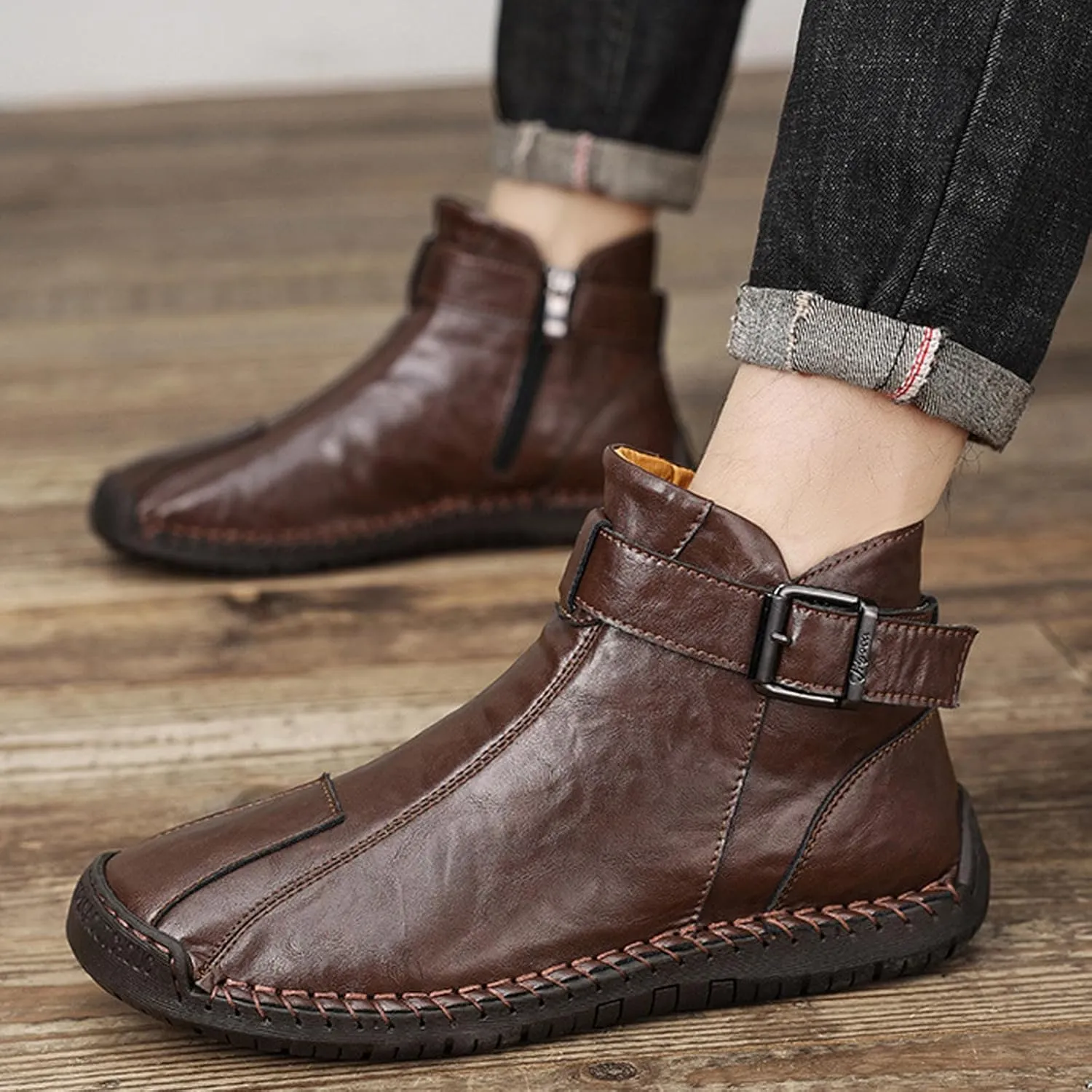 Men's Hand Stitching Side Zipper Chukka Boots Adjustable Buckle Outdoor Slip On Comfortable Mid Top Ankle Boots Lightweight Walking Driving Motorcycle Booties