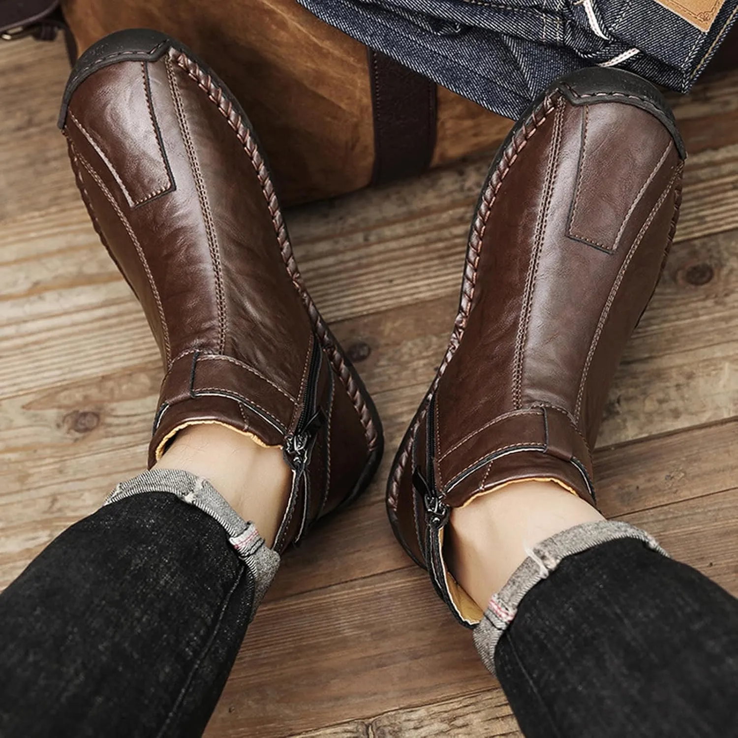 Men's Hand Stitching Side Zipper Chukka Boots Adjustable Buckle Outdoor Slip On Comfortable Mid Top Ankle Boots Lightweight Walking Driving Motorcycle Booties