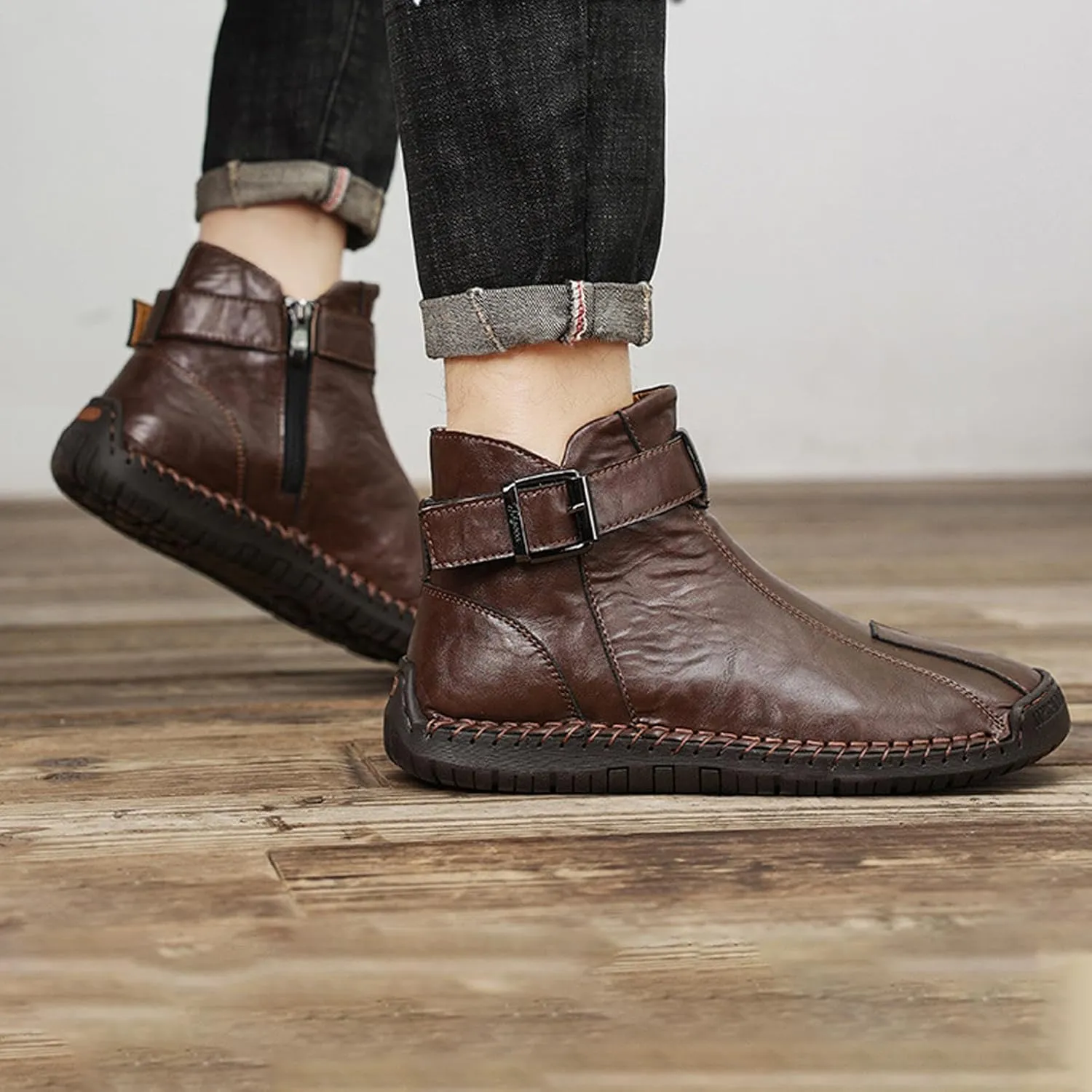Men's Hand Stitching Side Zipper Chukka Boots Adjustable Buckle Outdoor Slip On Comfortable Mid Top Ankle Boots Lightweight Walking Driving Motorcycle Booties