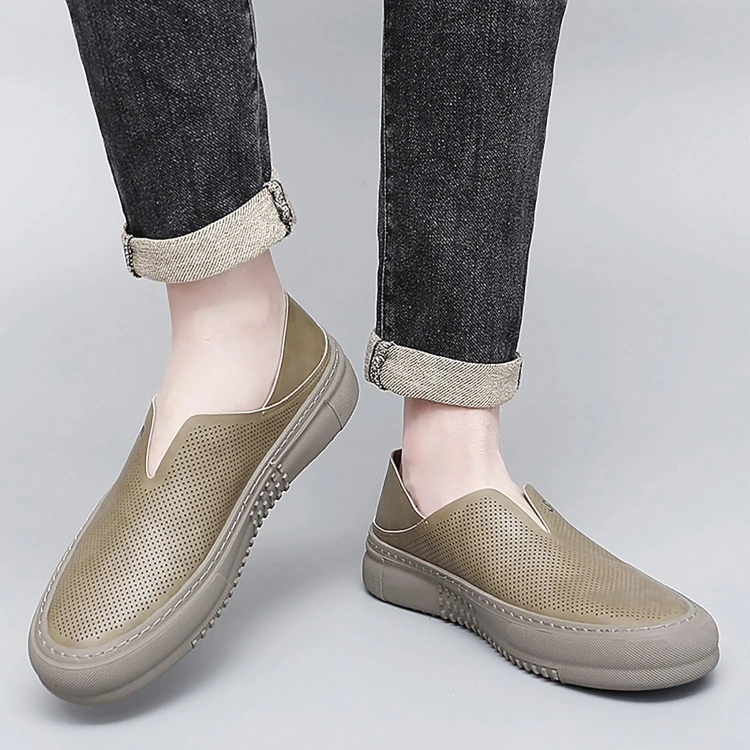 Men's Hollow Soft Sole Slip On Flat Loafers,Handmade Stitching Fashion Casual Outdoor Breathable Lightweight Driving Dress Shoe,Moccasin Cutout Flats