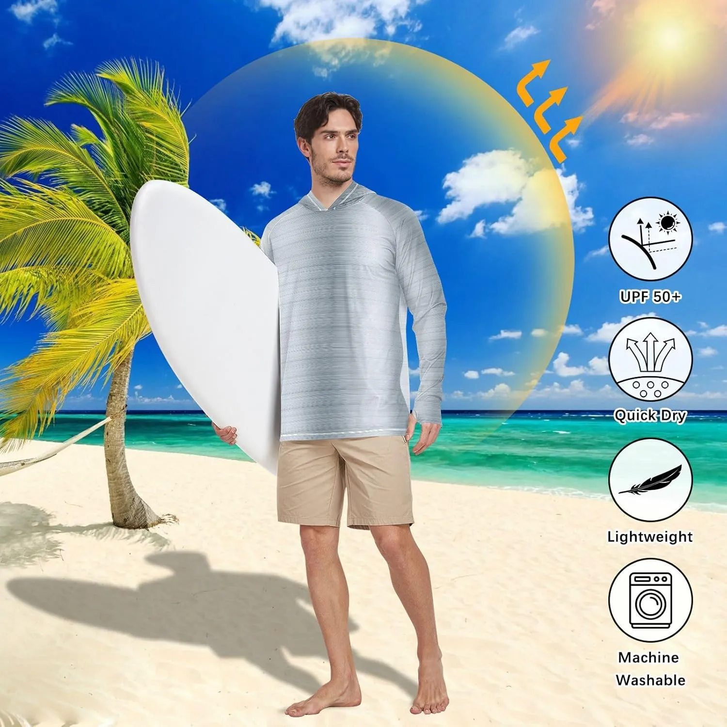 Mens Hoodie Sun Protection Long Sleeve Sliver Metal UPF 50   Mens Sun Shirts Hiking Hoodie Mens Rash Guard