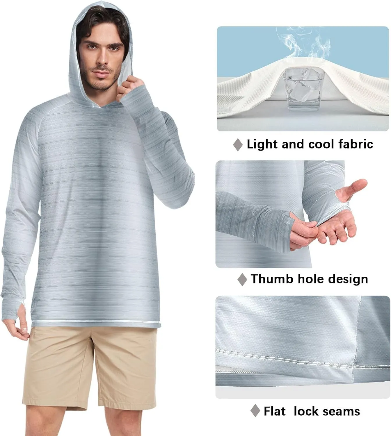 Mens Hoodie Sun Protection Long Sleeve Sliver Metal UPF 50   Mens Sun Shirts Hiking Hoodie Mens Rash Guard