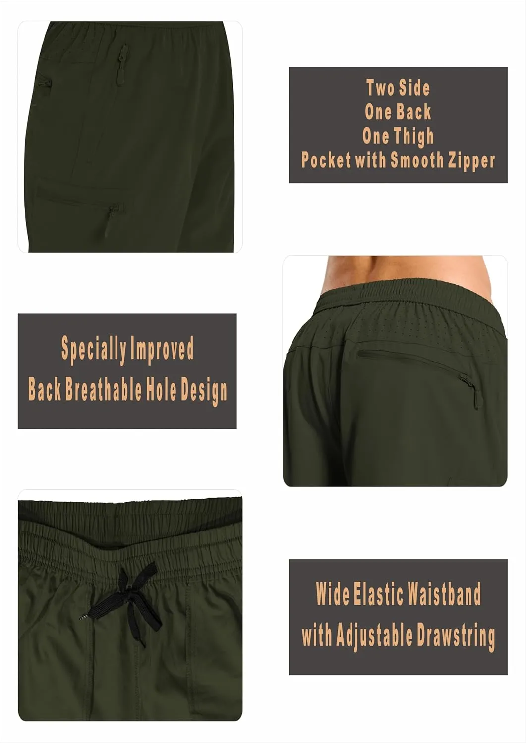 Mens Hybrid Shorts for Running Athletic Hiking Sports Workout Quick Dry Lightweight Breathable with 4 Zipper Pocket