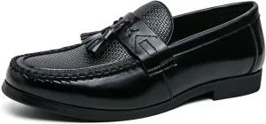Men's Leather Tassel Decorated Low Heel Formal Loafers Retro Round Toe Printed Non-Slip Slip-On Business Flat Moccasin Shoes