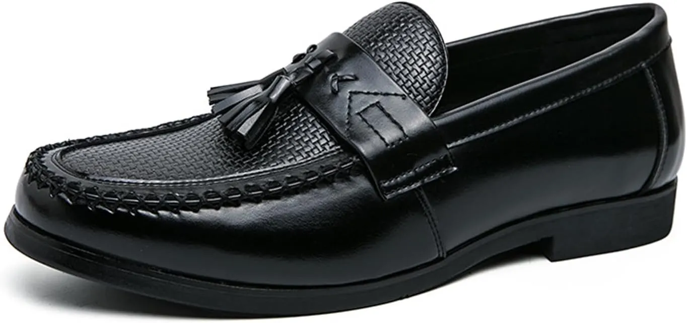 Men's Leather Tassel Decorated Low Heel Formal Loafers Retro Round Toe Printed Non-Slip Slip-On Business Flat Moccasin Shoes