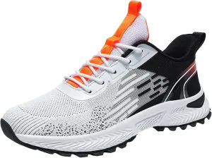 Mens Lightweight Lace-Up Sneakers: Breathable Mesh Running Shoes with Non Slip Rubber Outsole & Orthopedic Footbed for All-Day Wear Fashionable Color Blocking Mesh Fabric Sneaker (White, 9)